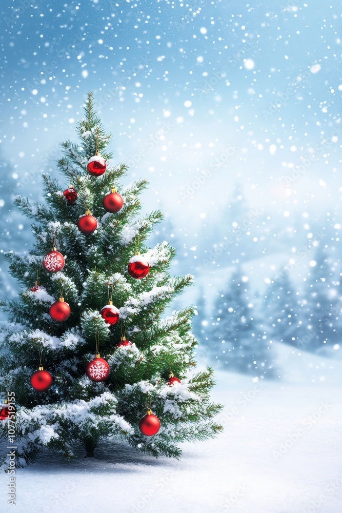 Fototapeta premium A festive Christmas tree adorned with colorful ornaments stands gracefully in the snow, evoking holiday cheer.