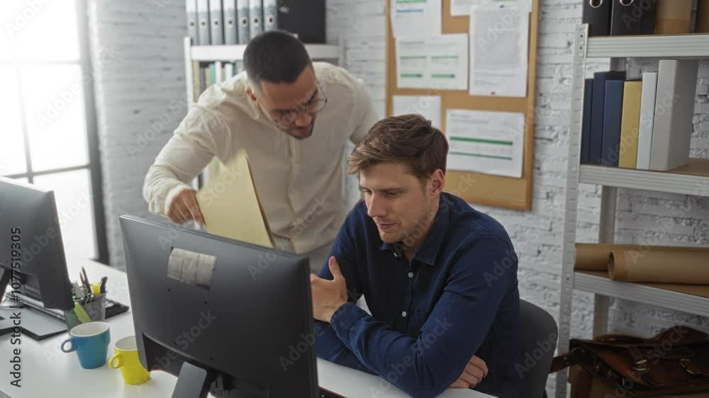 Two men in an office, one standing and scolding the other who is seated and focused, suggesting a tense workplace interaction with papers and computers visible.