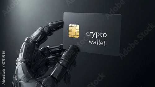 Close-up of a robotic hand holding a sleek crypto wallet card with a gold chip on a dark background, symbolizing advanced technology and digital security. photo