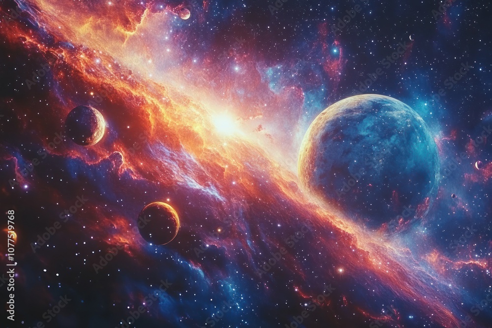 Obraz premium A vibrant nebula in space with a blue planet and other planets.