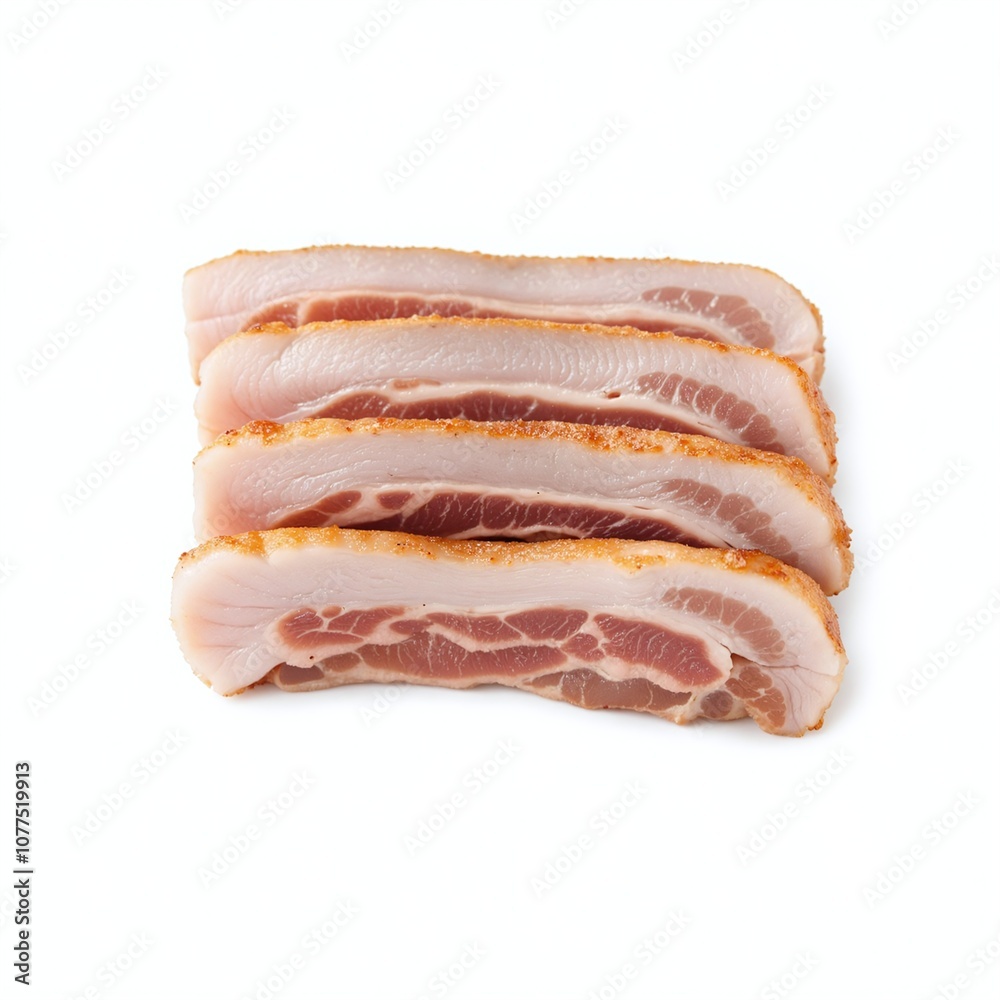 Close-Up of Appetizing Pork Belly Bites Stacked on White Background, Showcasing Juicy Marbling and Rich Texture Close-Up of Appetizing Pork Belly Bites Stacked on White Background, Showcasing Juicy Marbling and Rich Texture