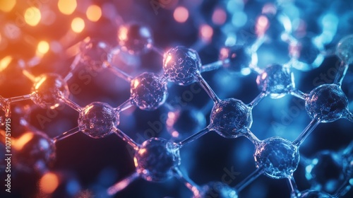 Abstract molecule structure with blue and orange lights in the background.