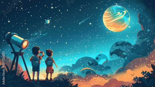 Vector graphic of children on a cosmic road trip across the galaxy, visiting planetary landmarks and encountering alien cultures