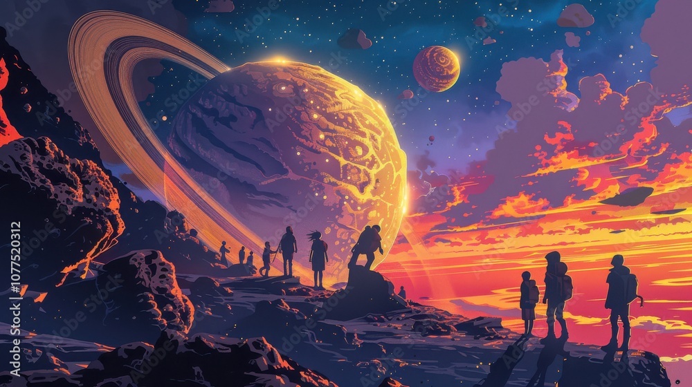 Vector graphic of children on a cosmic road trip across the galaxy, visiting planetary landmarks and encountering alien cultures Vector graphic of children on a cosmic road trip across the galaxy, visiting planetary landmarks and encountering alien cultures