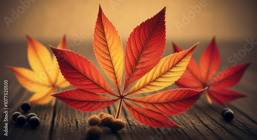 Bright red and yellow leaves arranged on a wooden table