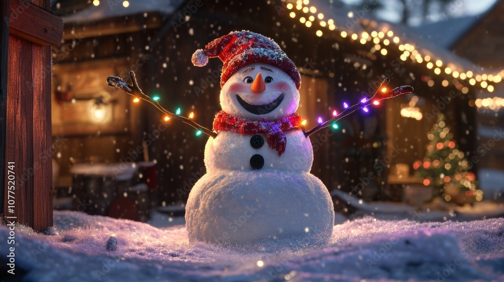 Obraz premium Smiling snowman holding christmas lights in snowy landscape