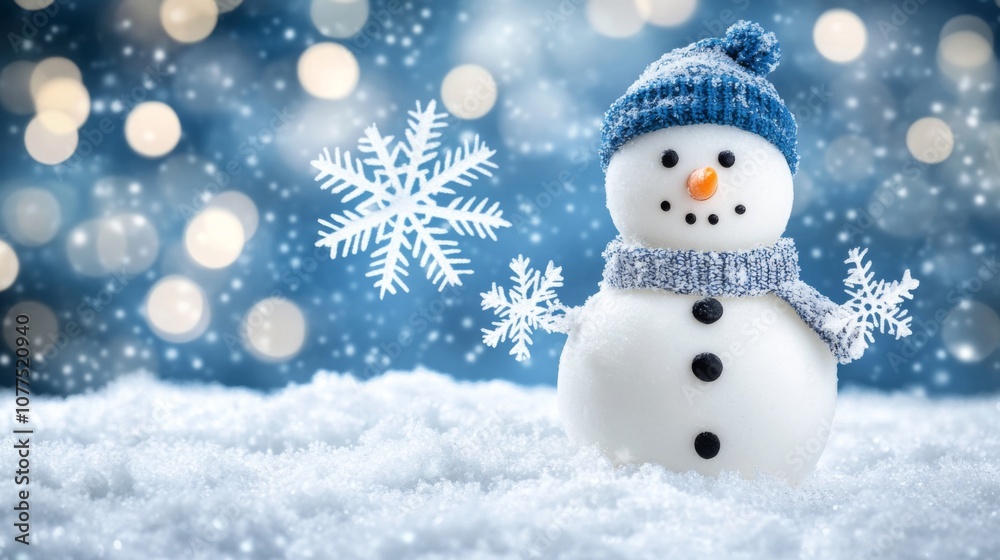 Snowman with Blue Knit Hat and Scarf in Snowy Landscape Snowman with Blue Knit Hat and Scarf in Snowy Landscape