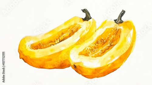 Two yellow squash halves are presented against a clean white backdrop, revealing their smooth exterior and seed-filled interior. The vibrant colors highlight their freshness