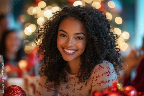 Joyful Woman Smiling at Festive Holiday Celebration with Lights