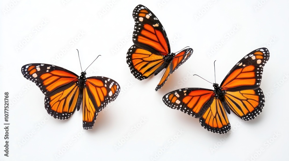 Fototapeta premium Three Monarch Butterflies on White Background