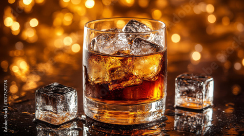 A glass of whiskey, bourbon, or cognac sits on a black stone table, with ice cubes melting in the drink. The background features a warm wood texture.