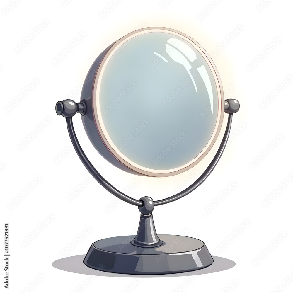 A stylish round mirror with a reflective surface and elegant stand, showcasing minimalistic design and sophisticated aesthetics, digital art of still life concept. A stylish round mirror with a reflective surface and elegant stand, showcasing minimalistic design and sophisticated aesthetics, digital art of still life concept.