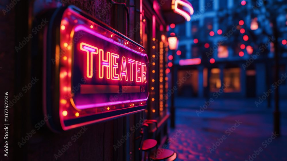 A glowing neon sign advertising a movie theater. A glowing neon sign advertising a movie theater.