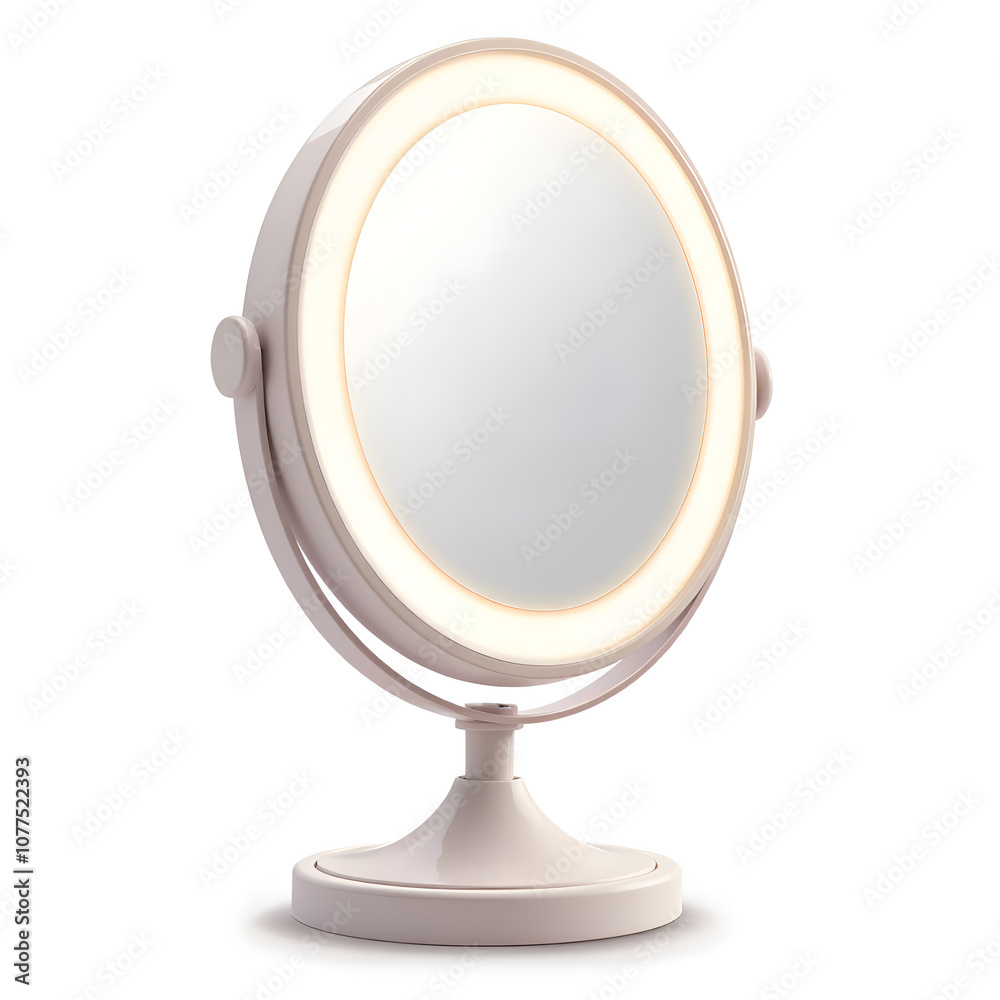 Elegant lighted makeup mirror displaying a soft glow in a minimalist setting, 3d render of product photography concept. Elegant lighted makeup mirror displaying a soft glow in a minimalist setting, 3d render of product photography concept.