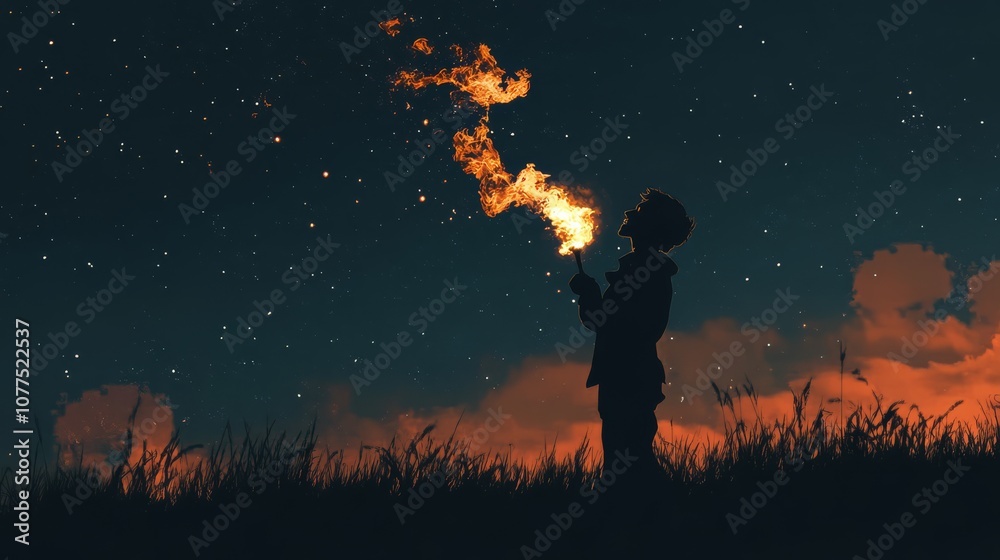 A person is silhouetted against a starry night sky, blowing fire from their mouth. A person is silhouetted against a starry night sky, blowing fire from their mouth.