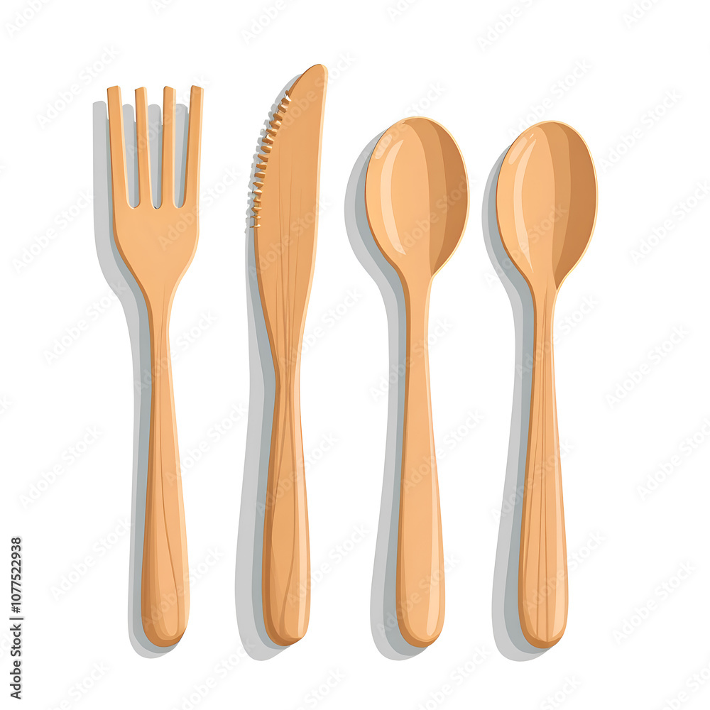 Wooden cutlery set featuring fork, knife, and spoons on a clean background eco friendly dining essentials, digital illustration of product design concept. Wooden cutlery set featuring fork, knife, and spoons on a clean background eco friendly dining essentials, digital illustration of product design concept.