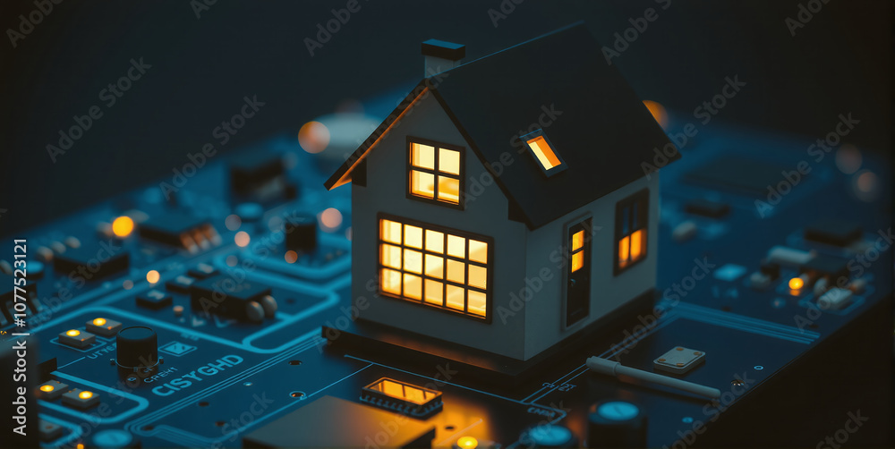 Obraz premium Technology in the smart home with intelligent controls, networking and technization of the home through microelectronics for control, monitoring and security