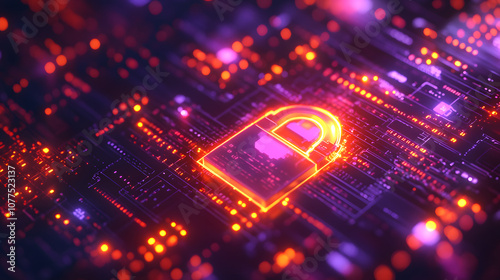 A stylized lock icon surrounded by digital code and glowing circuits symbolizing encryption and secure cyber networks.