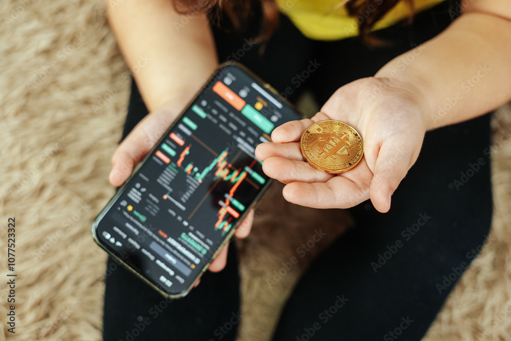 Obraz premium Young Girl Holding Bitcoin, Symbol of Digital Future