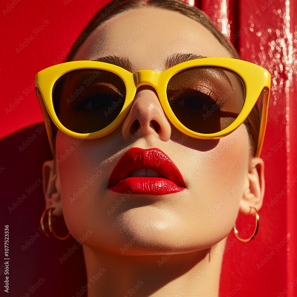 A close-up of a woman wearing bright yellow sunglasses with a red background. Her lips are painted a vibrant red A close-up of a woman wearing bright yellow sunglasses with a red background. Her lips are painted a vibrant red