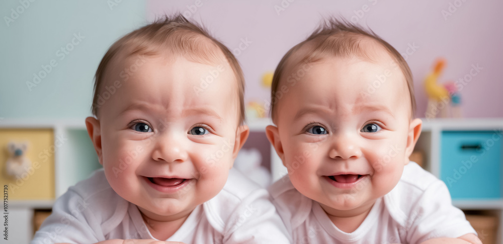 Cute twin babies in children's room Cute twin babies in children's room