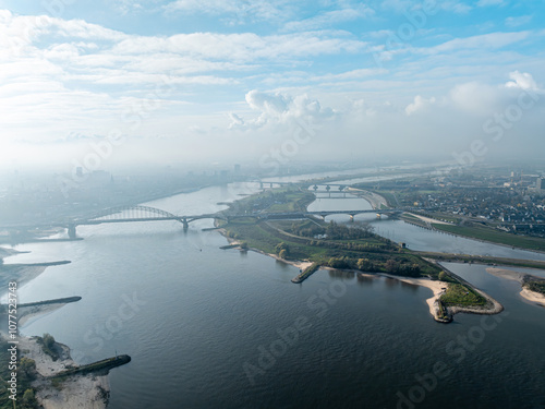 Aerial view of the room for the river project at the Dutch city of Nijmegen, with constructed additional waterway to provide more space for the Waal river during high water, future proof design