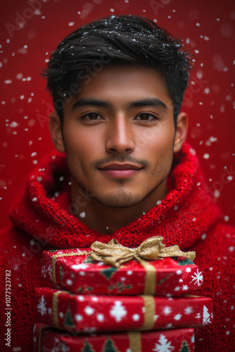 Festive Portrait of Latinx Young Male Wearing Red Poncho With Christmas Motifs Holding Christmas Gift
