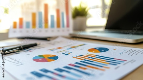 Analyzing business reports with colorful graphs and charts at a modern office desk