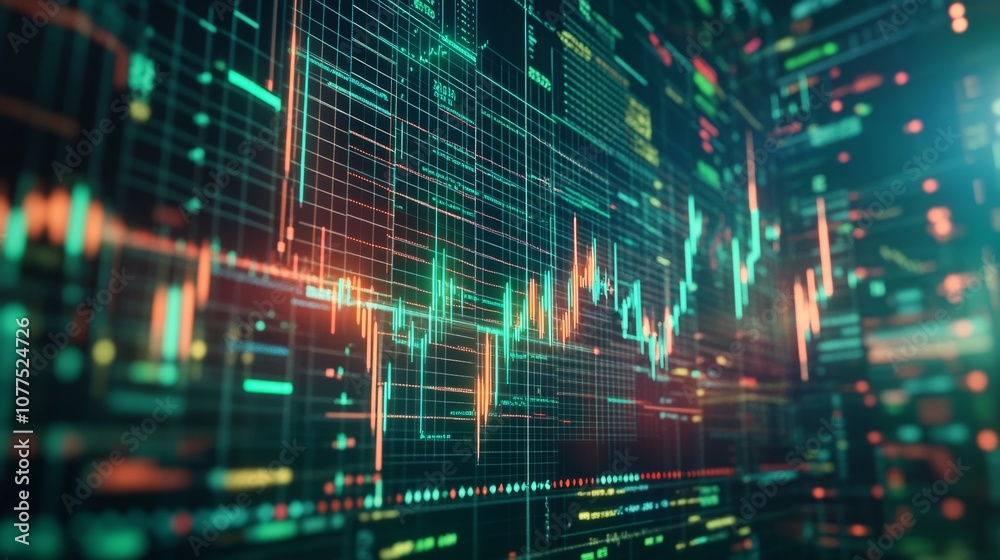 Fototapeta premium Colorful digital stock market data visualization with fluctuating graphs and charts at night