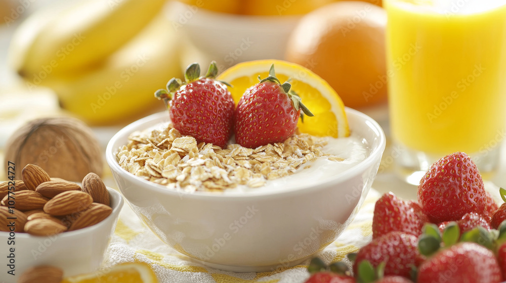 A healthy breakfast spread with muesli, strawberries, fresh fruit, orange juice, and nuts. A healthy breakfast spread with muesli, strawberries, fresh fruit, orange juice, and nuts.
