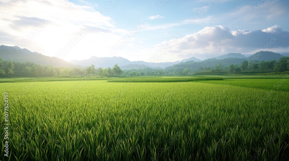 Serene Rice Paddy Field with Mountains in the Background Serene Rice Paddy Field with Mountains in the Background