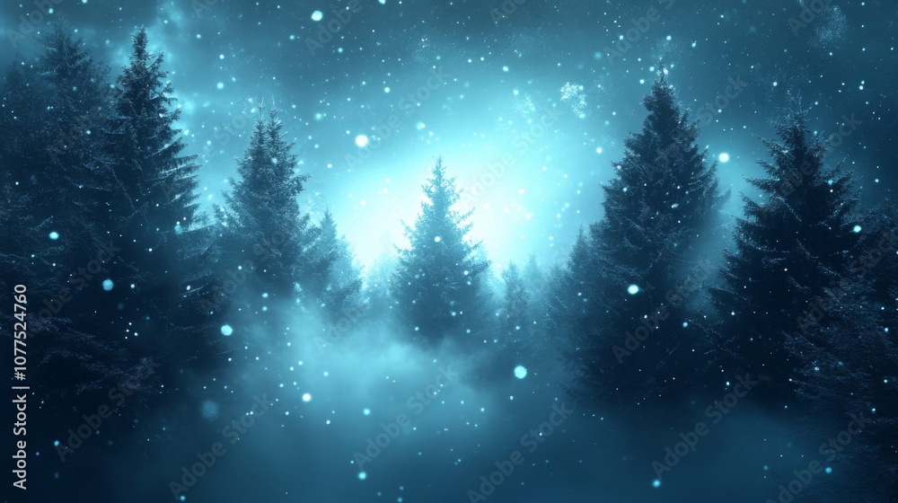 A Snowy Night in a Forest with Tall Evergreen Trees A Snowy Night in a Forest with Tall Evergreen Trees