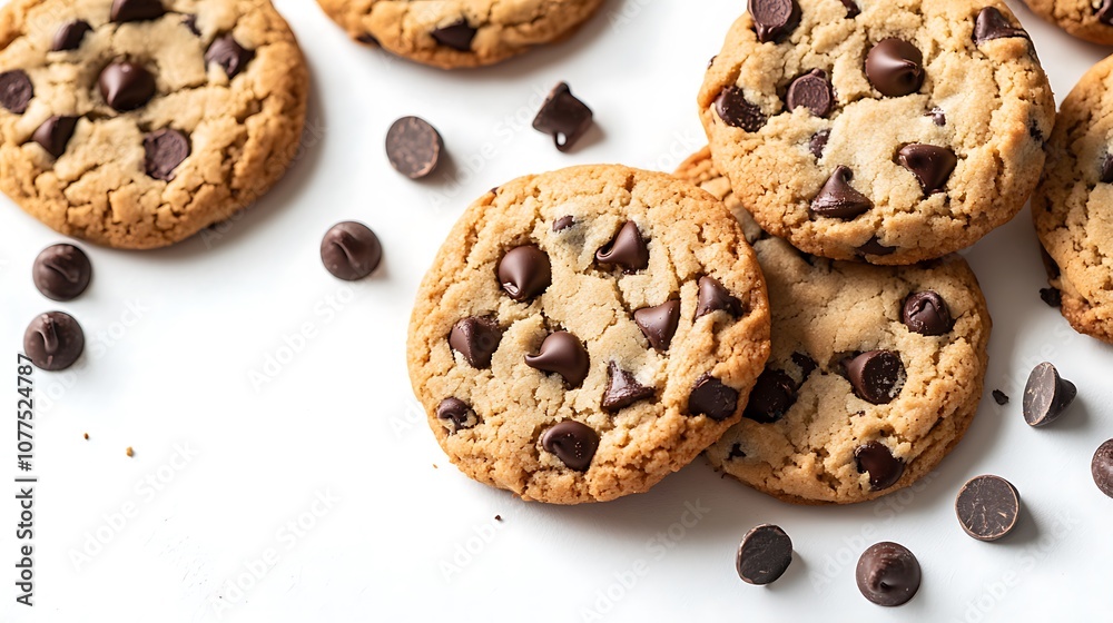 Selection of freshly baked cookies with chocolate chips on a white surface representing dessert recipes homemade treats and baking ideas Selection of freshly baked cookies with chocolate chips on a white surface representing dessert recipes homemade treats and baking ideas