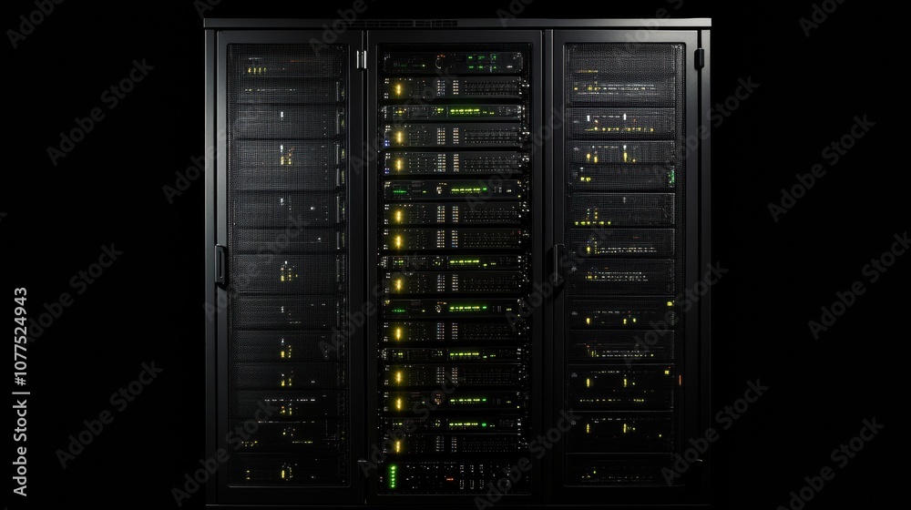 Various servers with blinking lights are actively functioning in a dark setting, indicating ongoing data processing and connections. Generative AI Various servers with blinking lights are actively functioning in a dark setting, indicating ongoing data processing and connections. Generative AI