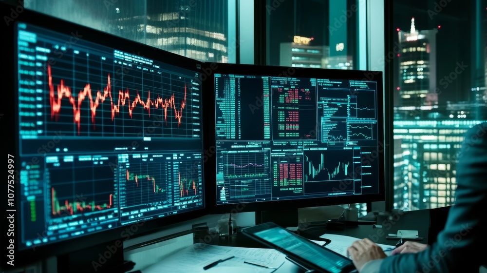 Business professional analyzing financial data on multiple monitors in a city office at night Business professional analyzing financial data on multiple monitors in a city office at night
