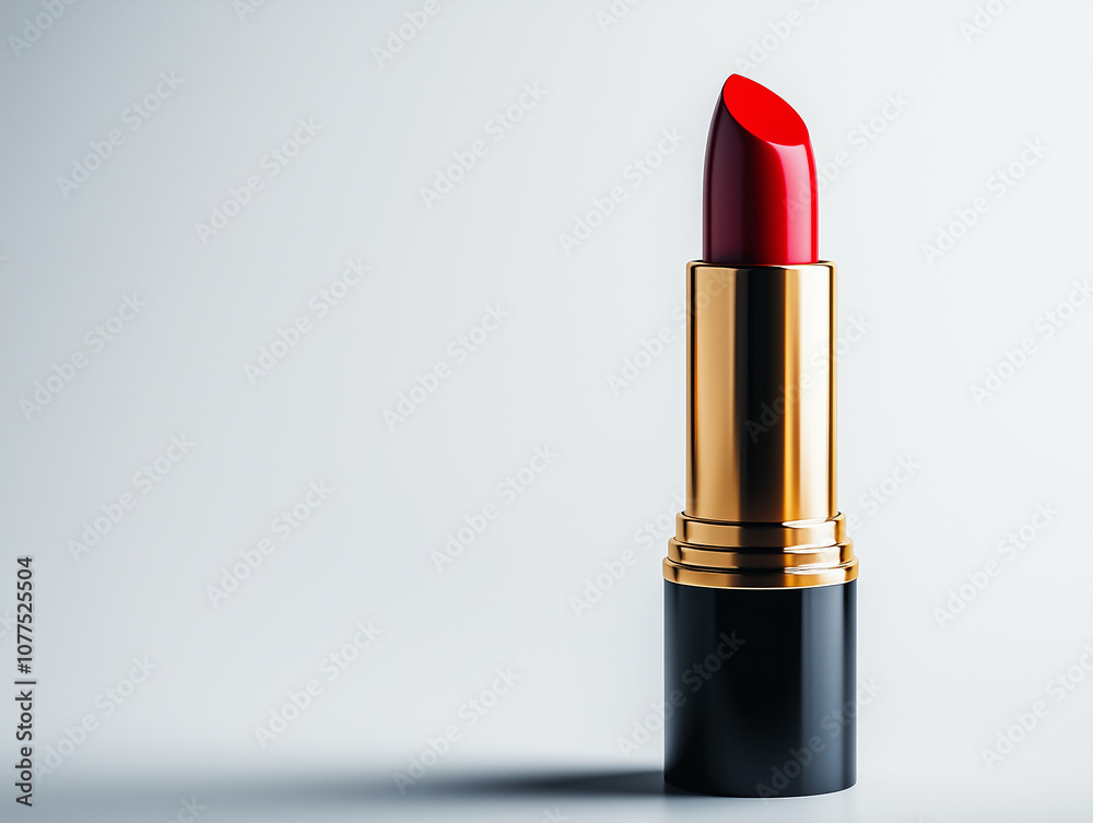 Bright red lipstick placed elegantly on a neutral background, highlighting its smooth texture and vibrant color in the soft lighting. Space for copy.