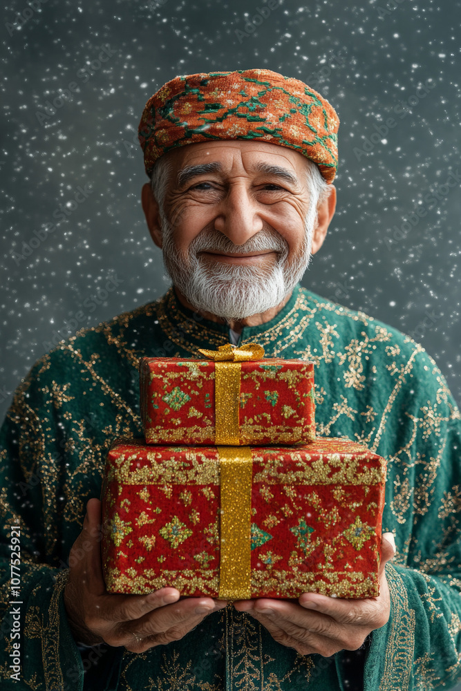Fototapeta premium Festive Portrait of Middle Eastern Elderly Male Wearing green Christmas Tunic With Gold Patterns Holding Christmas Gift