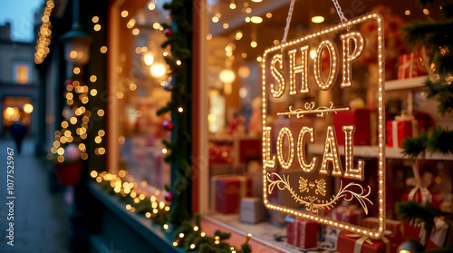 Christmas themed shop window featuring Shop Local sign with festive lights and holiday decor, promoting small business support. Shopping, sale, retail, promotion concept