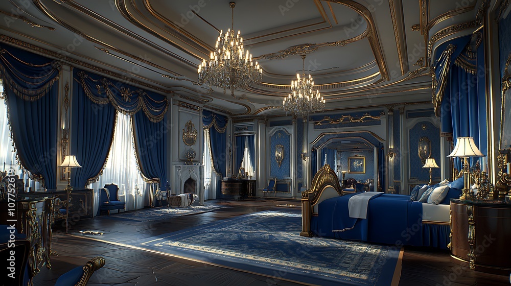 Fototapeta premium Luxurious bedroom with ornate decor, rich blue tones, and elegant lighting fixtures.
