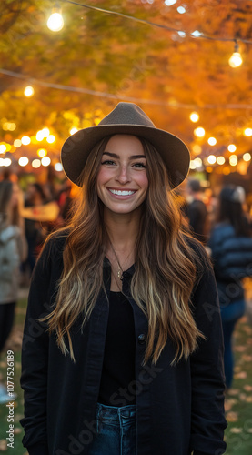 A smiling woman in a brown hat stands in front of a blurred background of lights and people