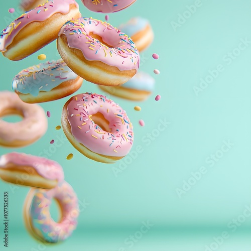 Donuts in various shades of pink, blue, and yellow flying in a spiral pattern, emphasizing the vibrant icing, 8K photo