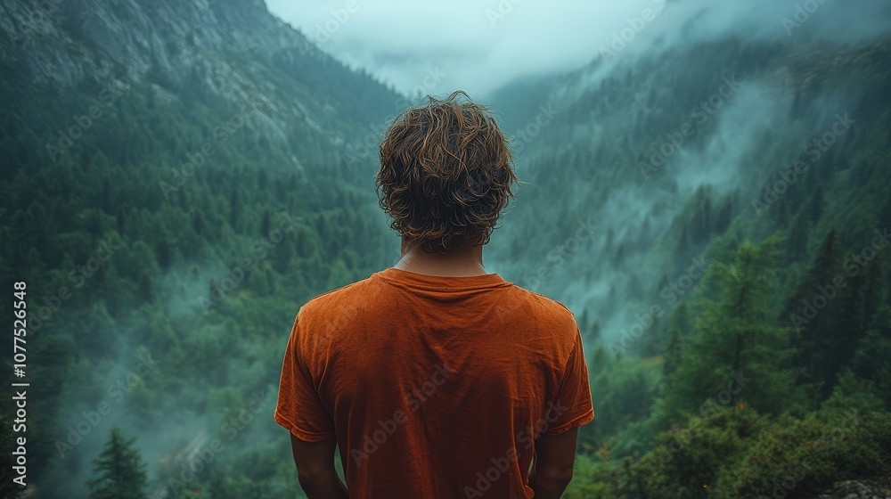 Obraz premium A young man in a red T-shirt stands with his back to the camera, gazing at the green forest and mountains from above