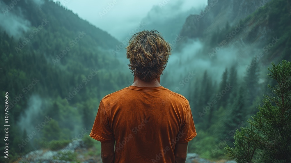 Obraz premium A young man in a red T-shirt stands with his back to the camera, gazing at the green forest and mountains from above