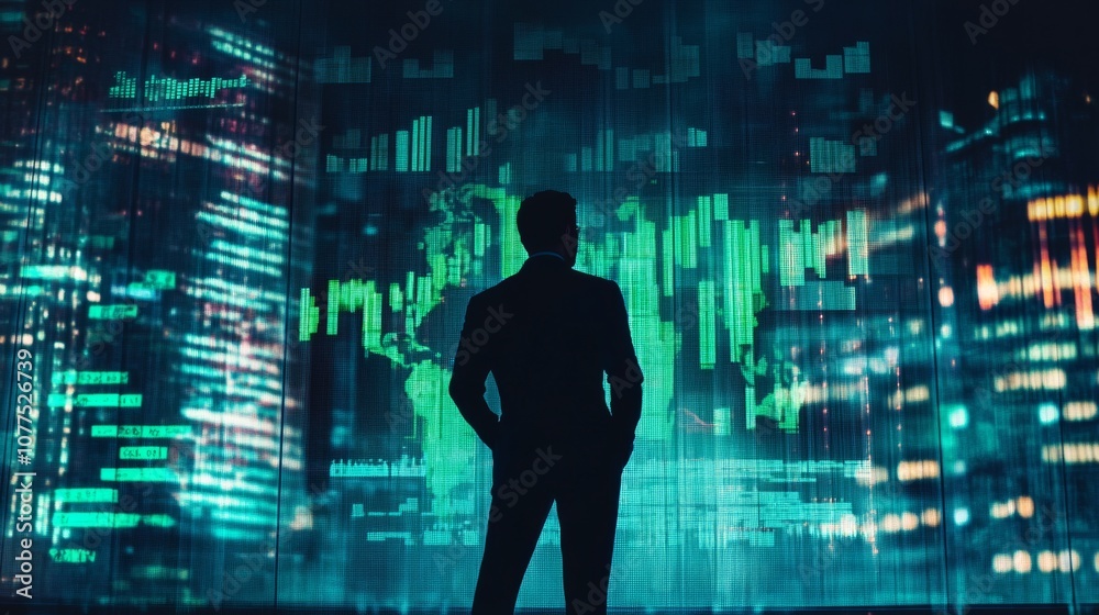 Business professional analyzing financial data against a digital city skyline backdrop at night Business professional analyzing financial data against a digital city skyline backdrop at night