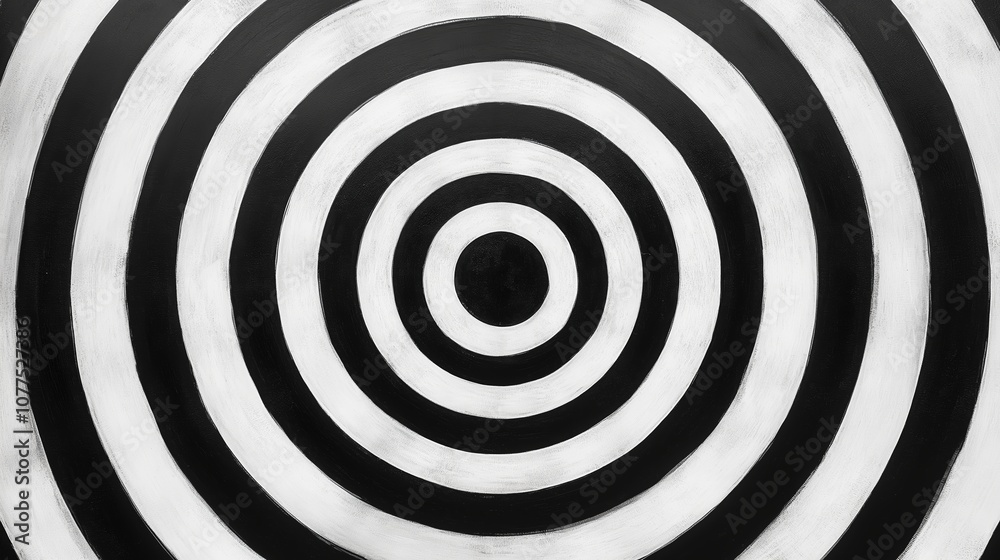 Naklejka premium Black and white painting of a circle with white and black stripes. The painting is abstract and has a sense of movement