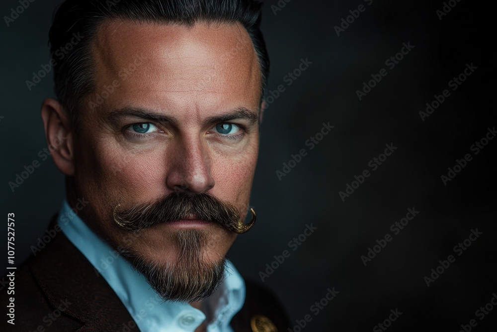 Confident Caucasian man with distinctive mustache against a dark background, exuding sophistication and charisma. Stylish attire enhances his striking appearance. Confident Caucasian man with distinctive mustache against a dark background, exuding sophistication and charisma. Stylish attire enhances his striking appearance.