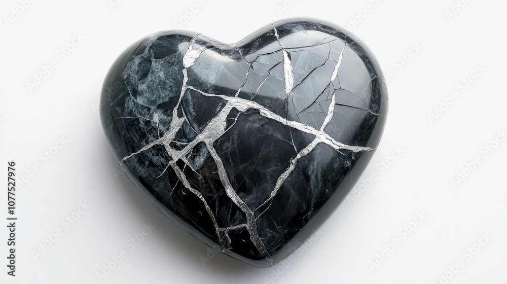 Black stone heart with silver cracks on a white background generative ai Black stone heart with silver cracks on a white background generative ai