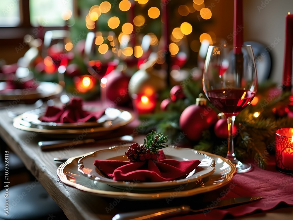 Festive Christmas dinner setting, complete with elegant place settings and warm candlelight. Festive Christmas dinner setting, complete with elegant place settings and warm candlelight.