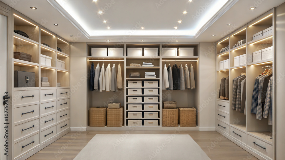 Spacious walk-in closet with organized shelves and hanging clothes in a modern style Spacious walk-in closet with organized shelves and hanging clothes in a modern style