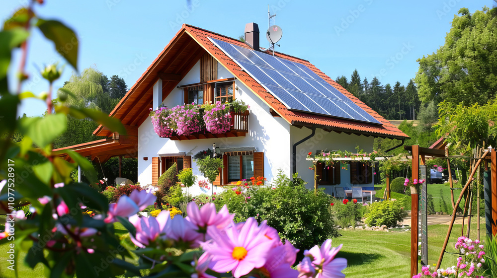 Charming Suburban House with Solar Panels and Flowering Garden Concept of Eco-Friendly Living, Sustainable Energy, and Scenic Home Environments Charming Suburban House with Solar Panels and Flowering Garden Concept of Eco-Friendly Living, Sustainable Energy, and Scenic Home Environments
